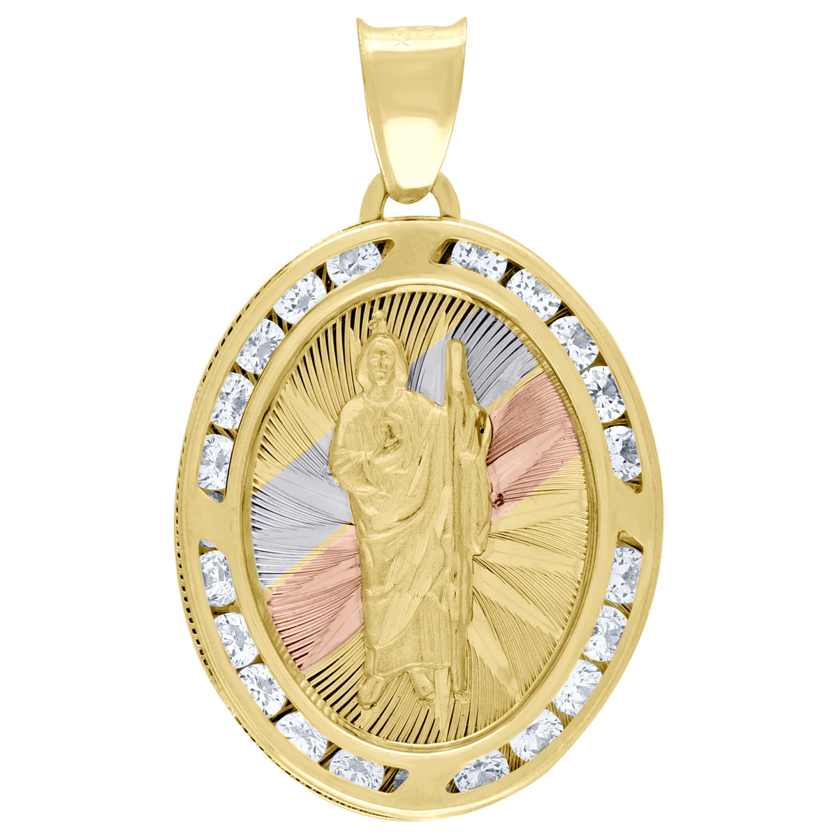10K Tri-Color Gold Unisex Cubic Zirconia Cubic-Zirconia Saint John Baptist Religious Oval Charm Pendant