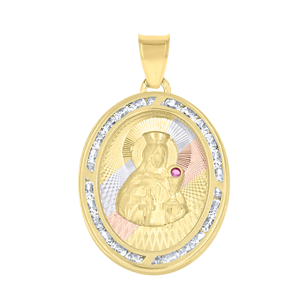 10K Tri-Color Gold Unisex Cubic Zirconia Cubic-Zirconia Saint Barbara Religious Oval Charm Pendant