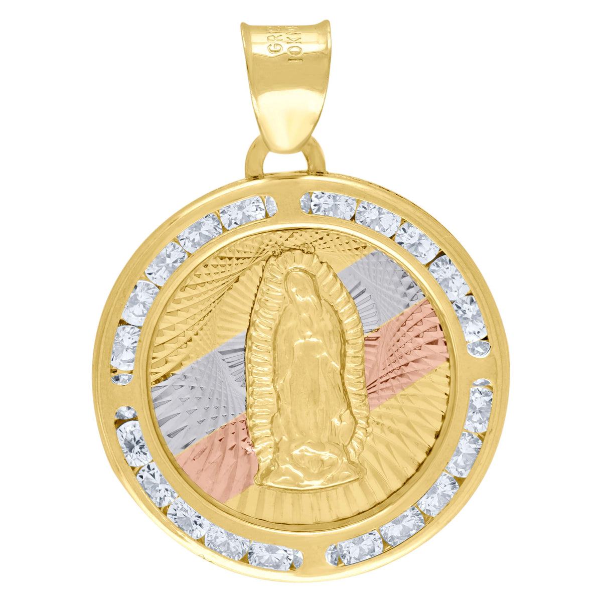 10K Tri-Color Gold Unisex Cubic Zirconia Cubic-Zirconia Lady Of Guadalupe Religious Round Charm Pendant
