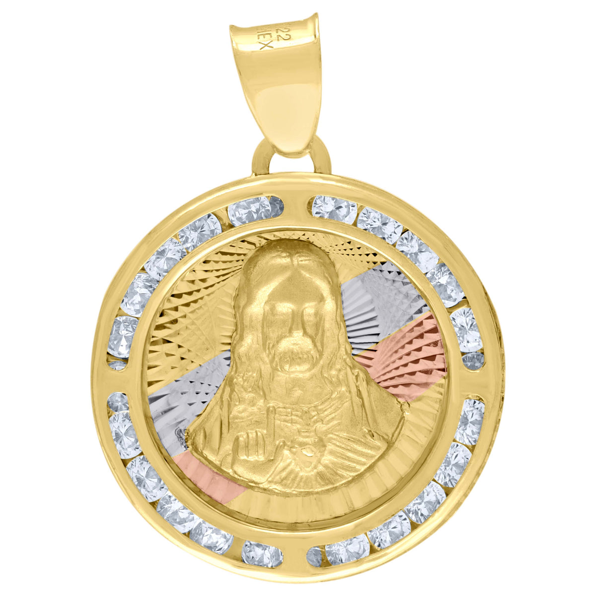 10K Tri-Color Gold Unisex Cubic Zirconia Cubic-Zirconia Religious Round Charm Pendant