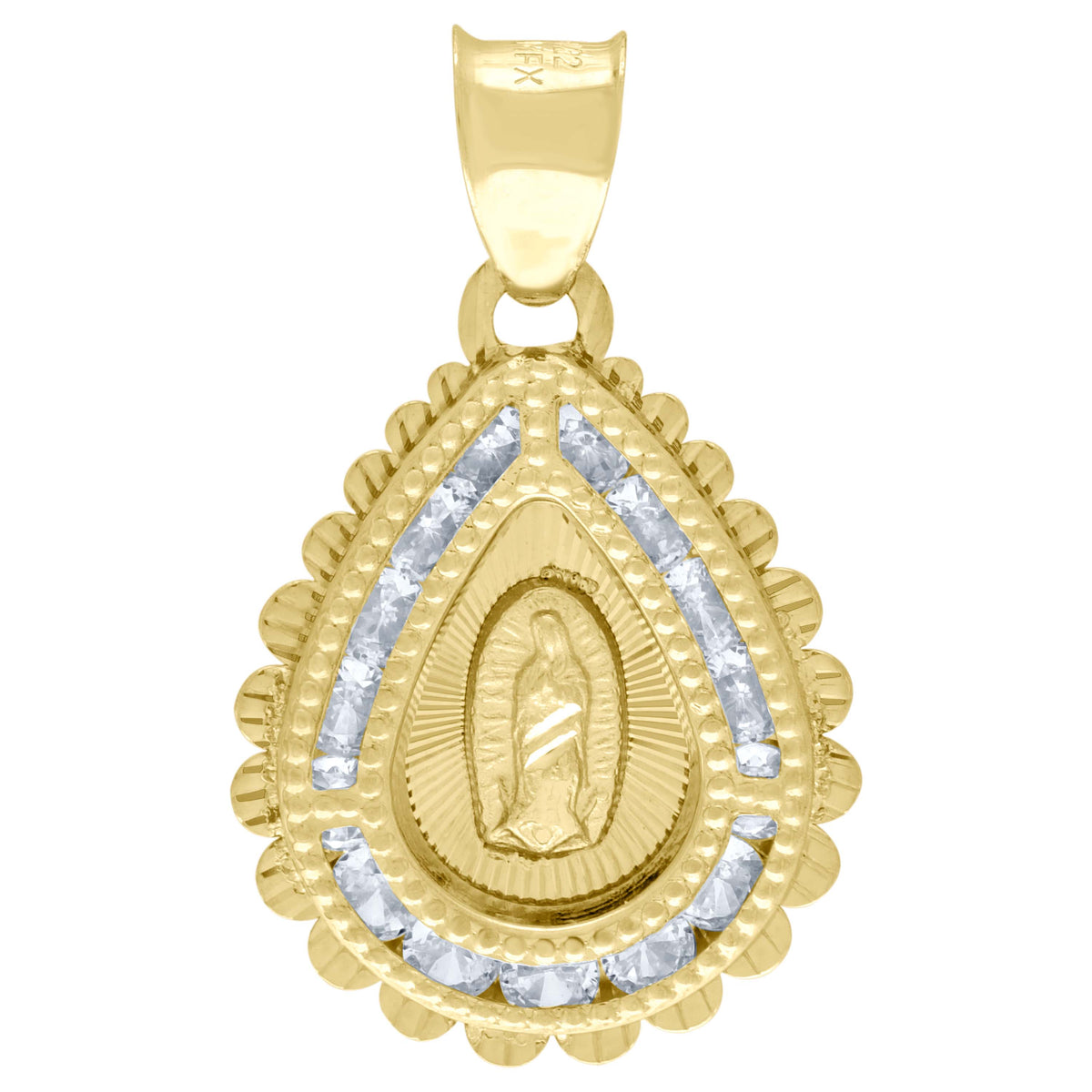 10K Yellow Gold Unisex Cubic Zirconia Cubic-Zirconia Lady Of Guadalupe Religious Tear Drop Charm Pendant