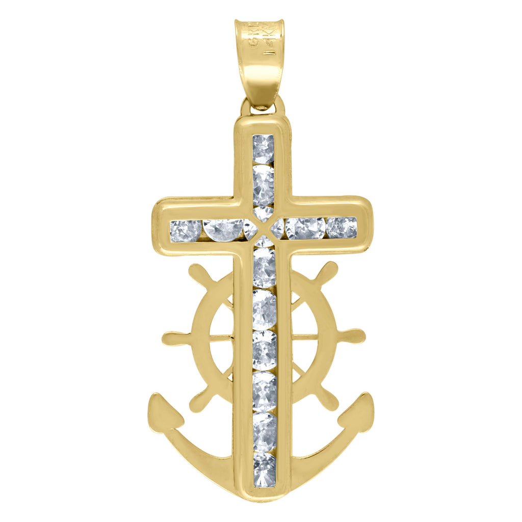 10K Yellow Gold Unisex Cubic Zirconia Cubic-Zirconia Mariner Cross Religious Charm Pendant