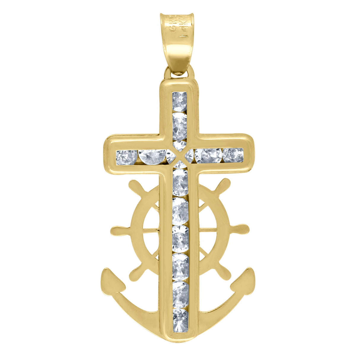 10K Yellow Gold Unisex Cubic Zirconia Cubic-Zirconia Mariner Cross Religious Charm Pendant