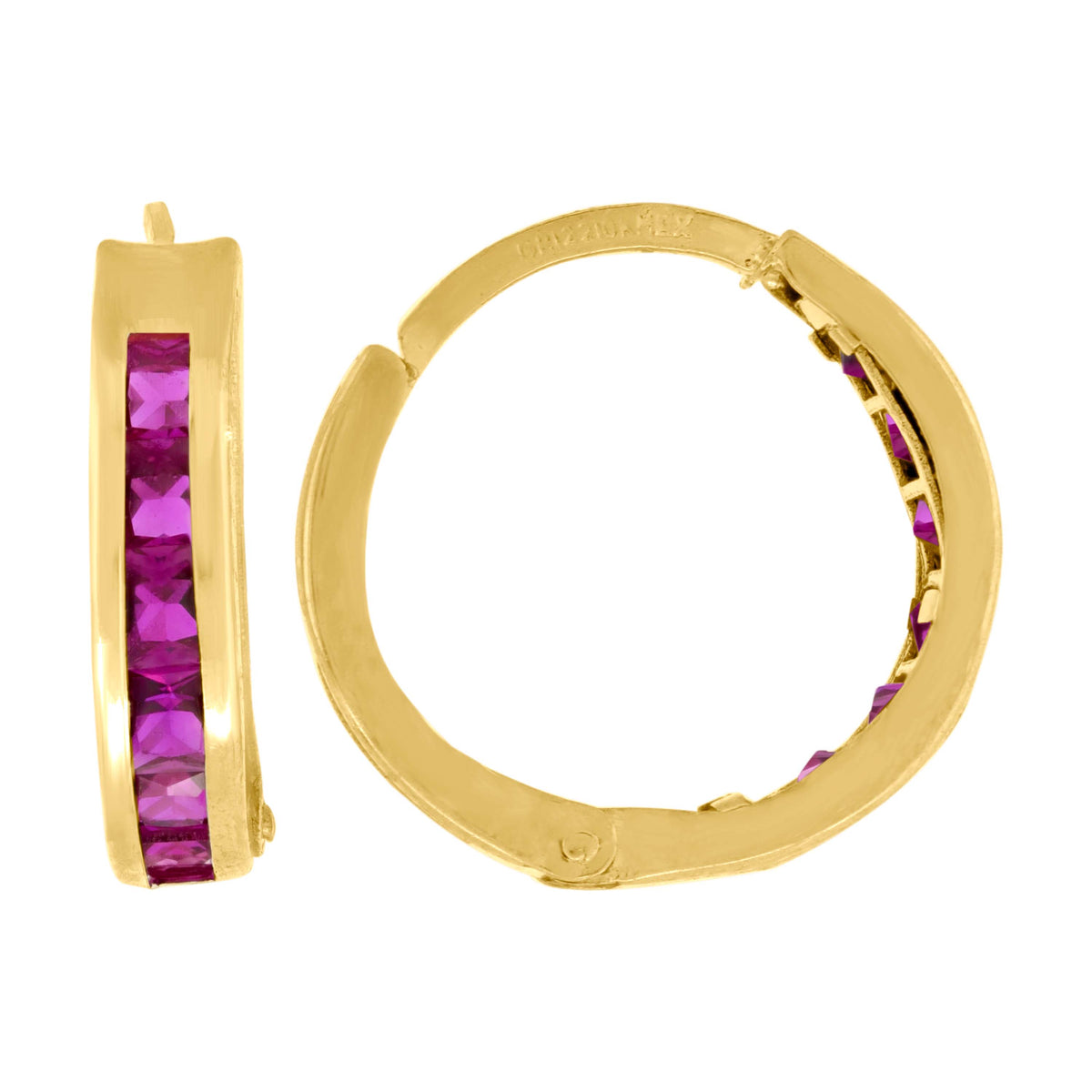 10K Yellow Gold Womens Pink Princess-Cut Cubic Zirconia Huggie Hoop Earrings