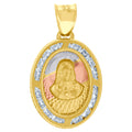 10K Tri-Color Gold Unisex Cubic-Zirconia Textured Sacred Heart Of Jesus Religious Oval Charm Pendant