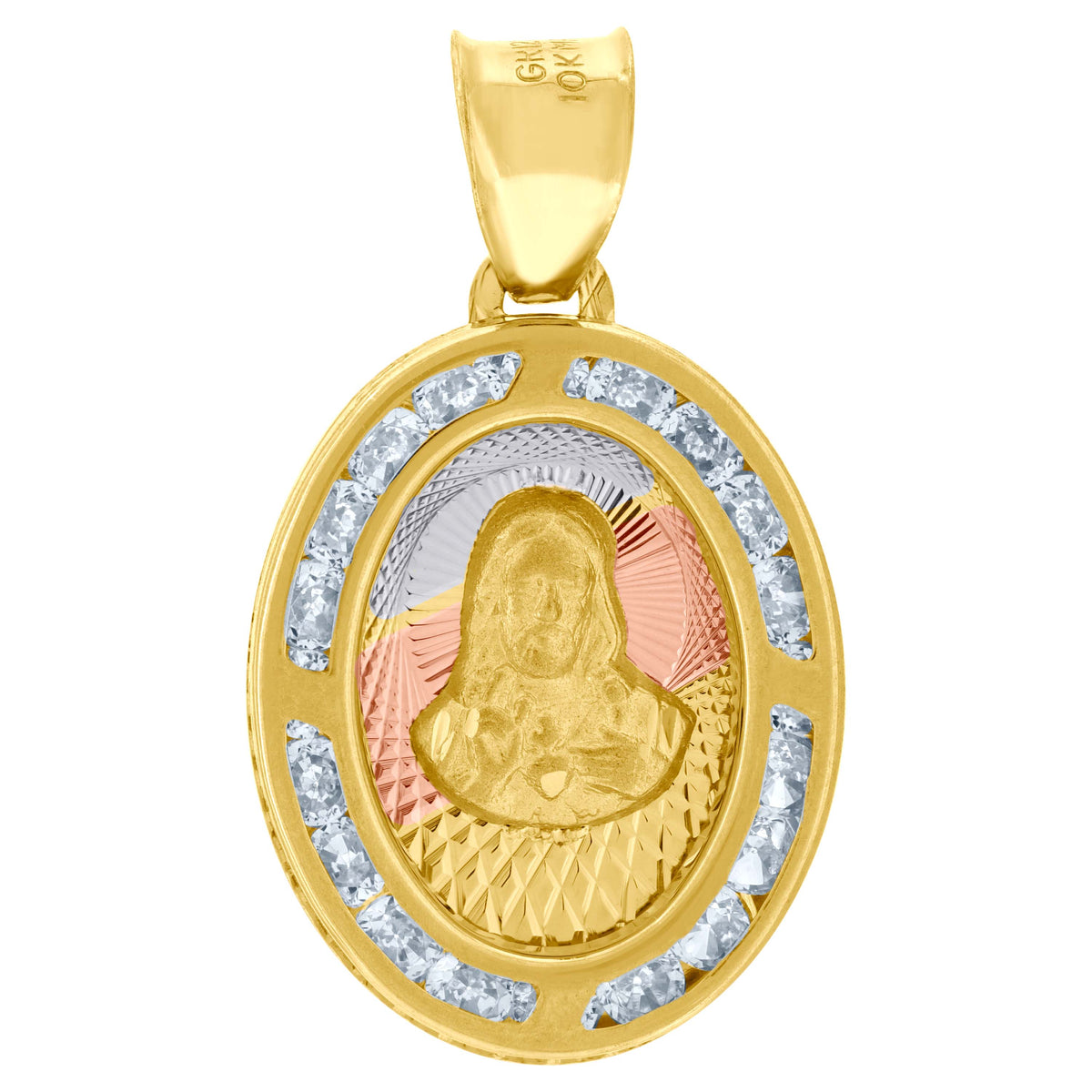 10K Tri-Color Gold Unisex Cubic-Zirconia Textured Sacred Heart Of Jesus Religious Oval Charm Pendant