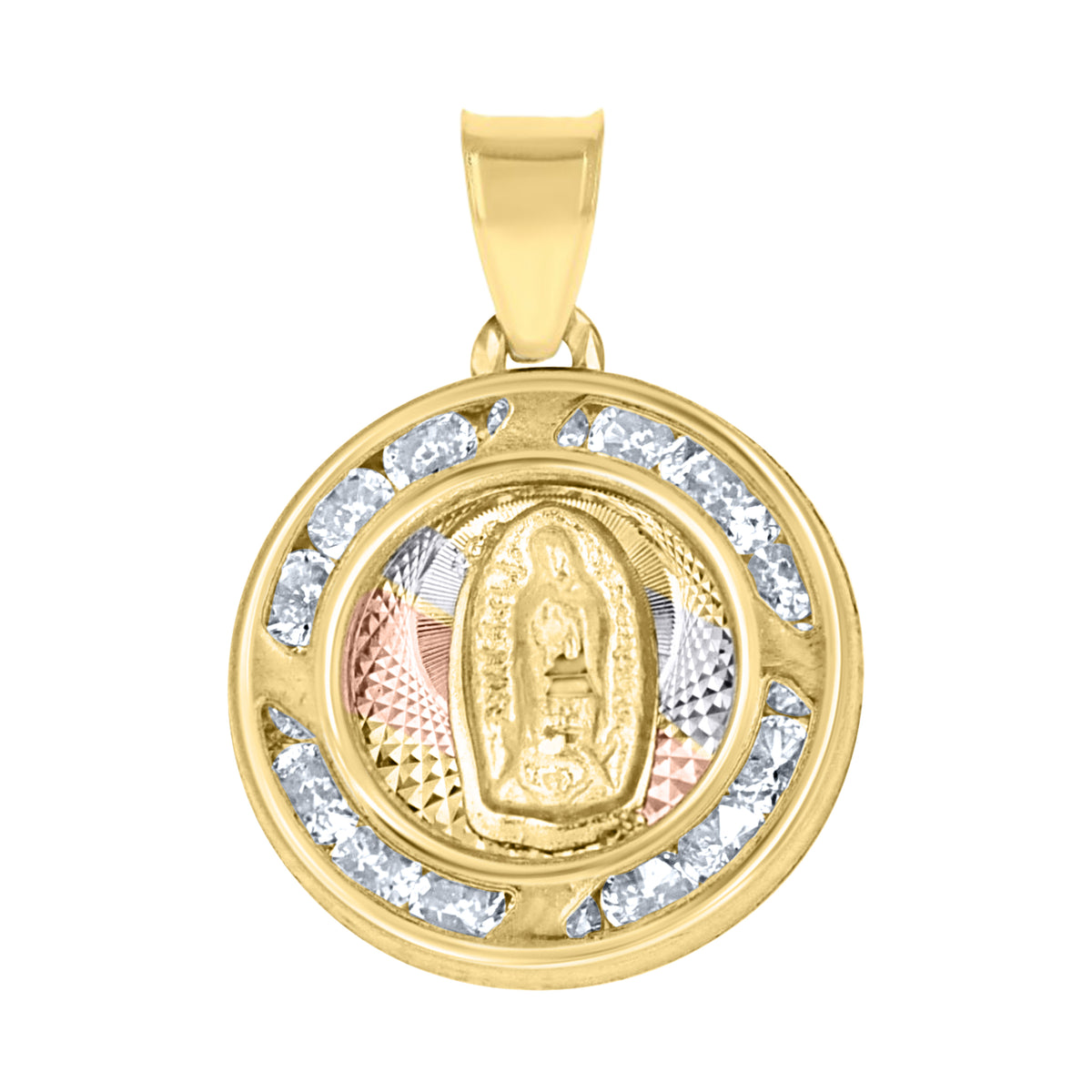 10K Tri-Color Gold Unisex Cubic-Zirconia Diamond-Cut Textured Lady Of Guadalupe Religious Charm Pendant
