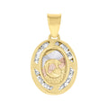 10K Tri-Color Gold Unisex Cubic-Zirconia Textured Religious Oval Charm Pendant