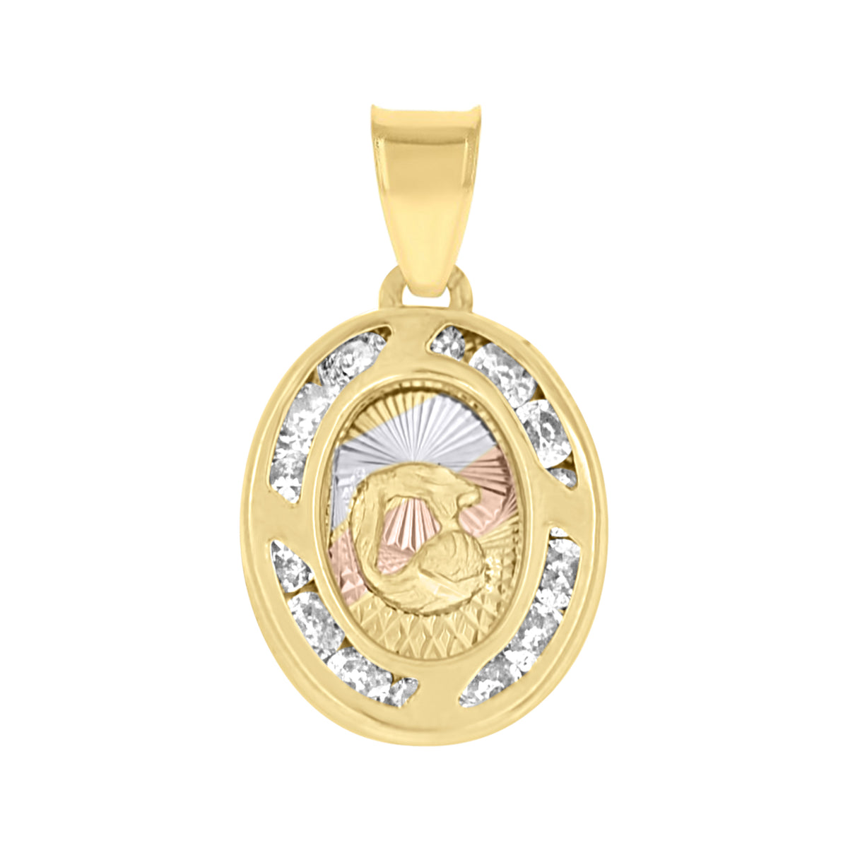 10K Tri-Color Gold Unisex Cubic-Zirconia Textured Religious Oval Charm Pendant