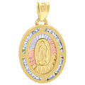 10K Tri-Color Gold Unisex Cubic-Zirconia Diamond-Cut Lady Of Guadalupe Religious Oval Charm Pendant