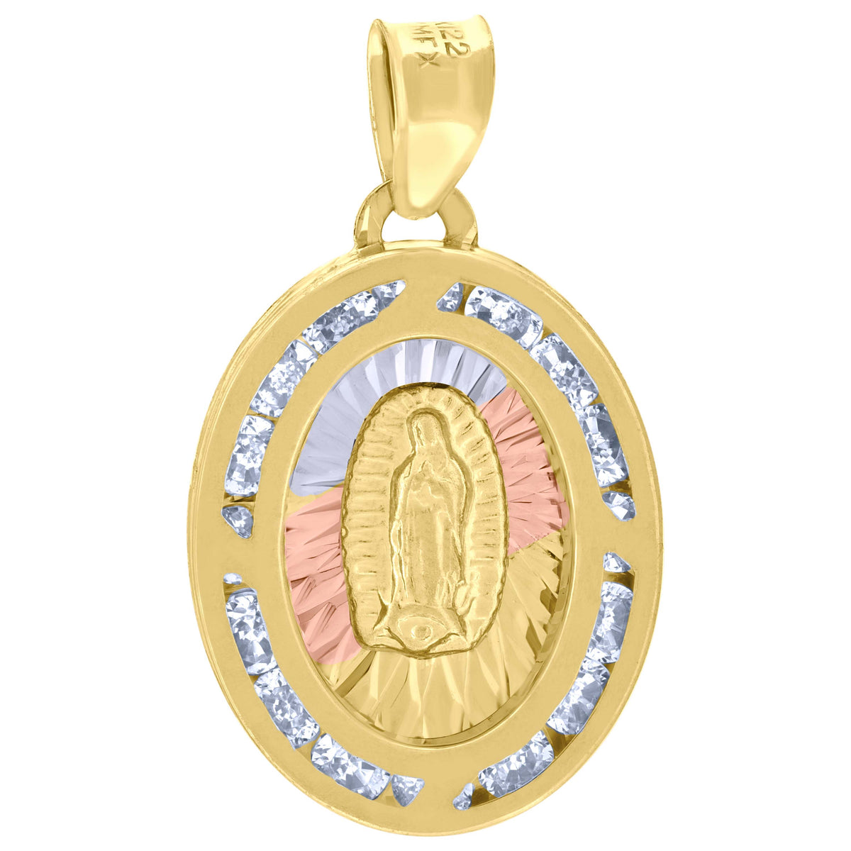 10K Tri-Color Gold Unisex Cubic-Zirconia Diamond-Cut Lady Of Guadalupe Religious Oval Charm Pendant