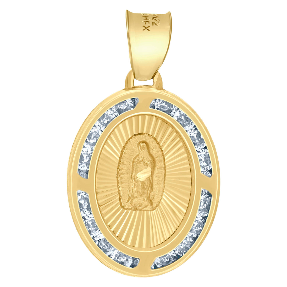 10K Yellow Gold Unisex Cubic-Zirconia Textured Lady Of Guadalupe Religious Oval Charm Pendant