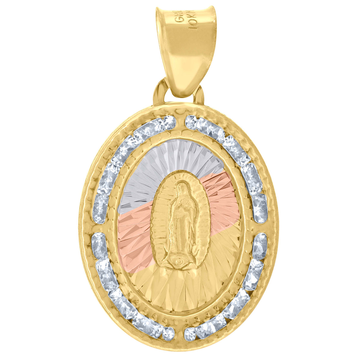 10K Tri-Color Gold Unisex Cubic-Zirconia Textured Lady Of Guadalupe Religious Oval Charm Pendant
