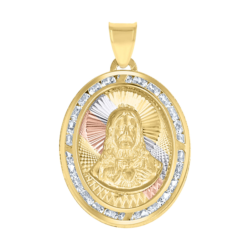 10K Tri-Color Gold Unisex Cubic-Zirconia Textured Sacred Heart Of Jesus Religious Charm Pendant