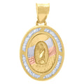 10K Tri-Color Gold Unisex Cubic-Zirconia Textured Lady Of Guadalupe Religious Oval Charm Pendant