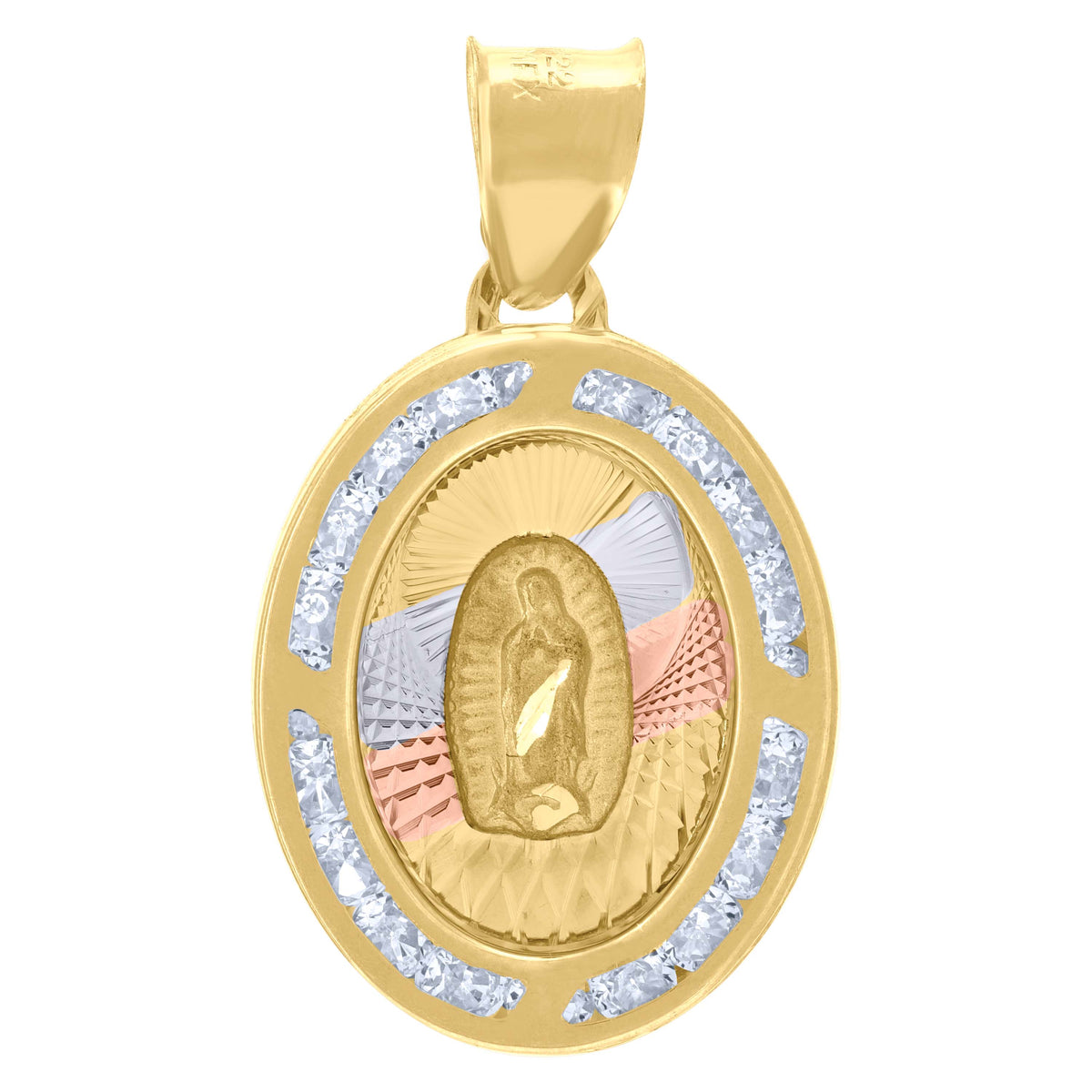 10K Tri-Color Gold Unisex Cubic-Zirconia Textured Lady Of Guadalupe Religious Oval Charm Pendant