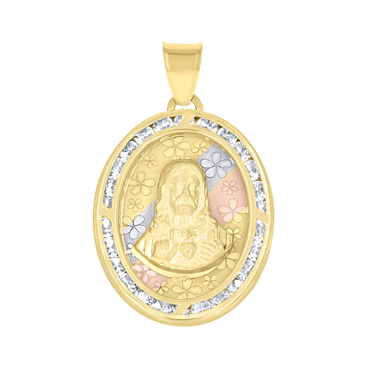 10K Tri-Color Gold Unisex Cubic Zirconia Diamond-Cut Jesus Face Religious Charm Pendant