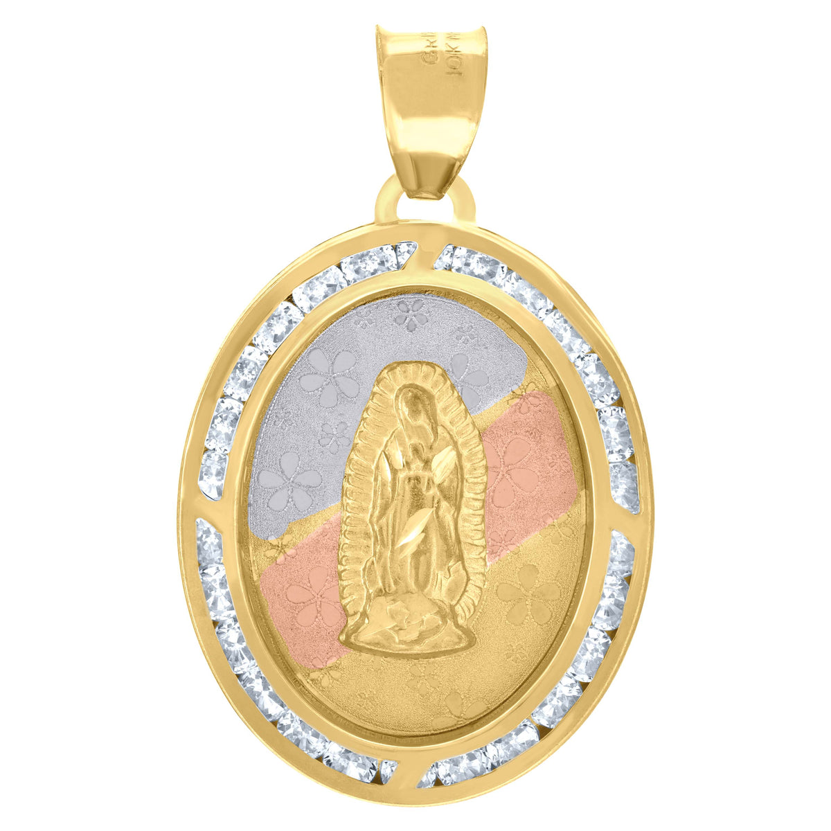 10K Tri-Color Gold Unisex Cubic Zirconia Diamond-Cut Lady Of Guadalupe Religious Charm Pendant