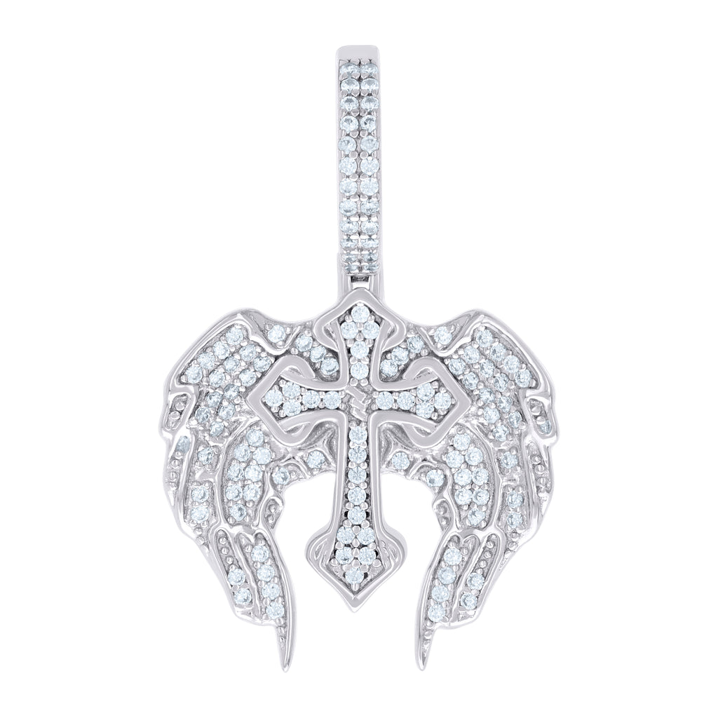 925 Sterling Silver Men Cubic-Zirconia Wing Cross Religious Charm Pendant