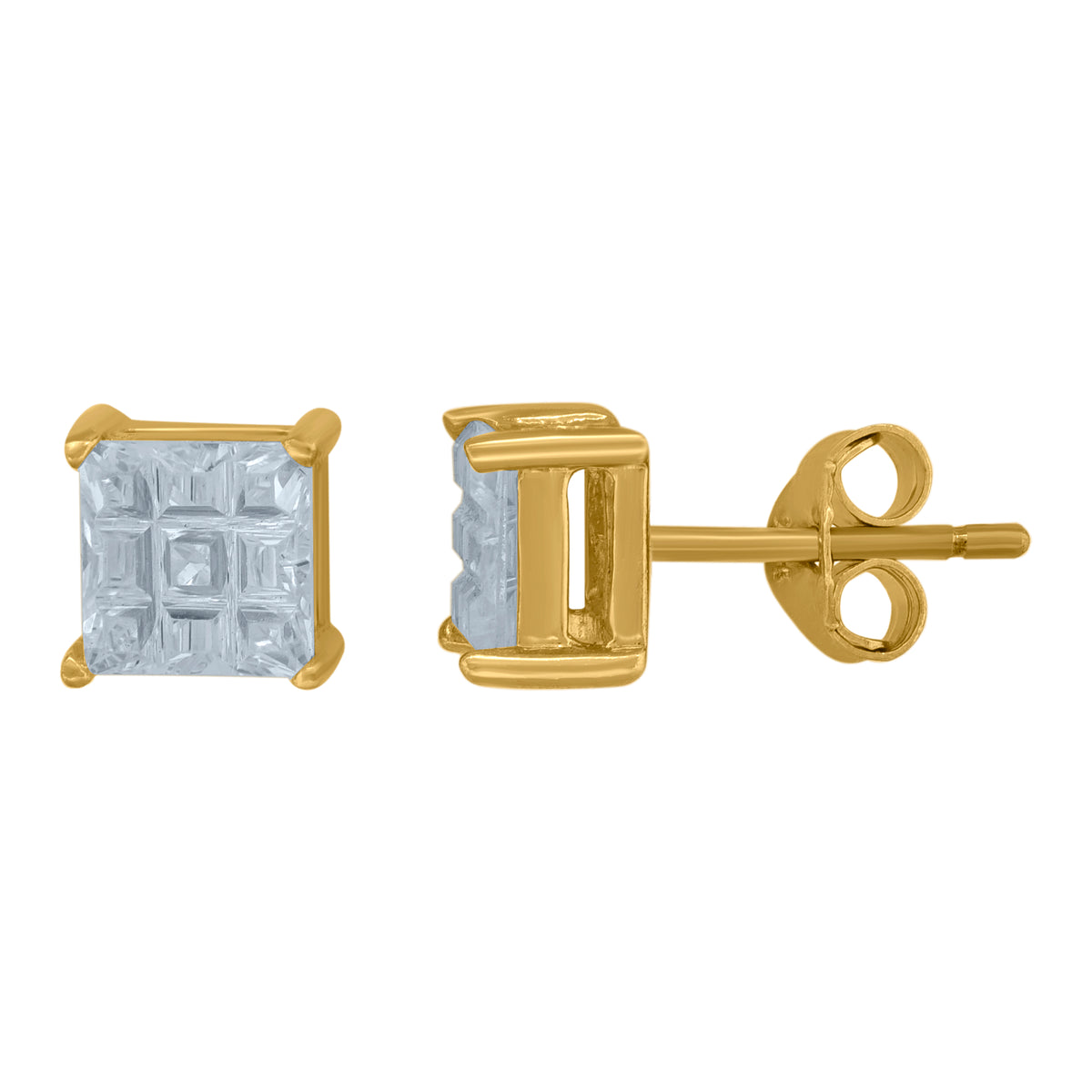 925 Sterling Silver Yellow-Tone Unisex Princess-Cut Cubic-Zirconia Square Stud Earrings