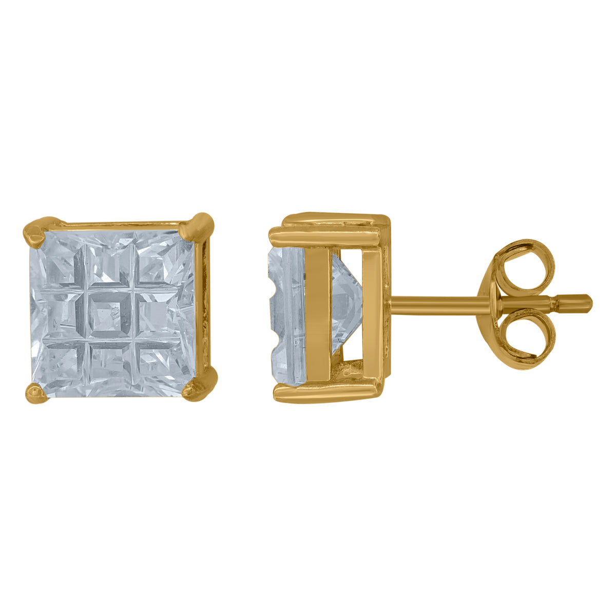 925 Sterling Silver Yellow-Tone Unisex Princess-Cut Cubic-Zirconia Square Stud Earrings