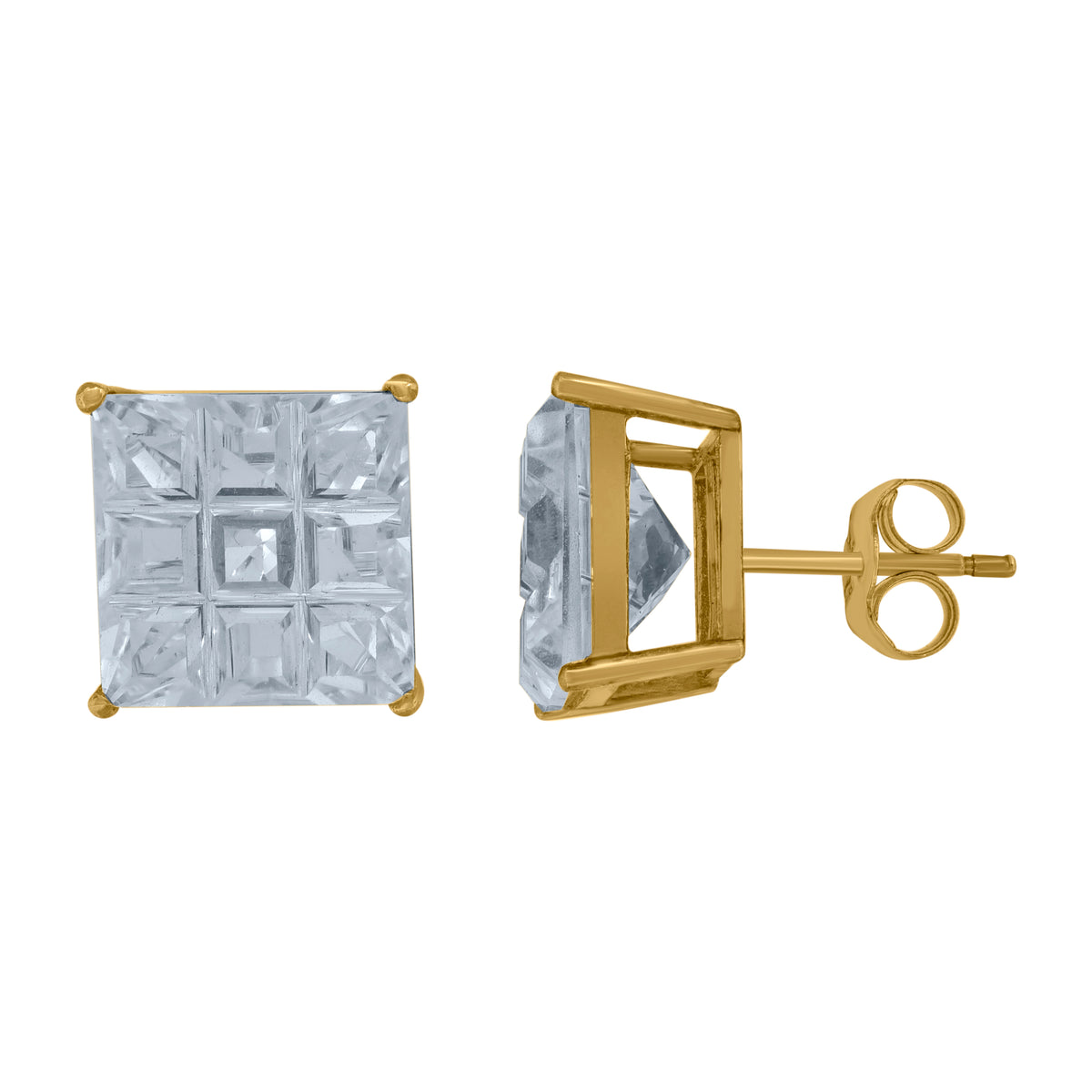 925 Sterling Silver Yellow-Tone Unisex Princess-Cut Cubic-Zirconia Square Stud Earrings
