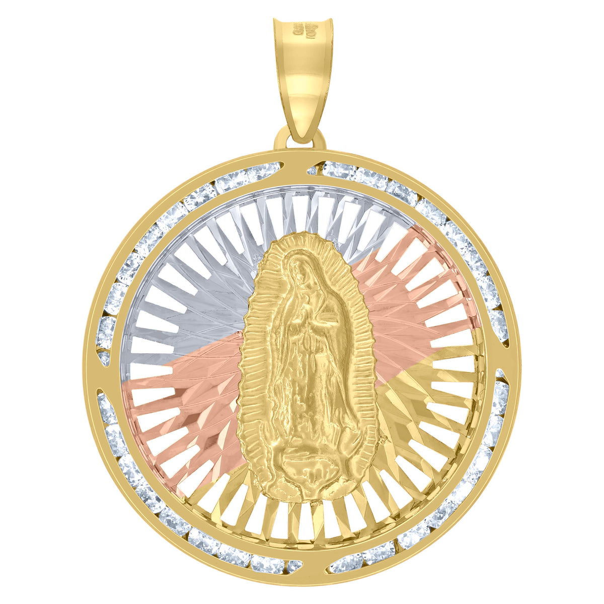 10K Tri-Color Gold Unisex Cubic-Zirconia Diamond-Cut Lady Of Guadalupe Religious Charm Pendant