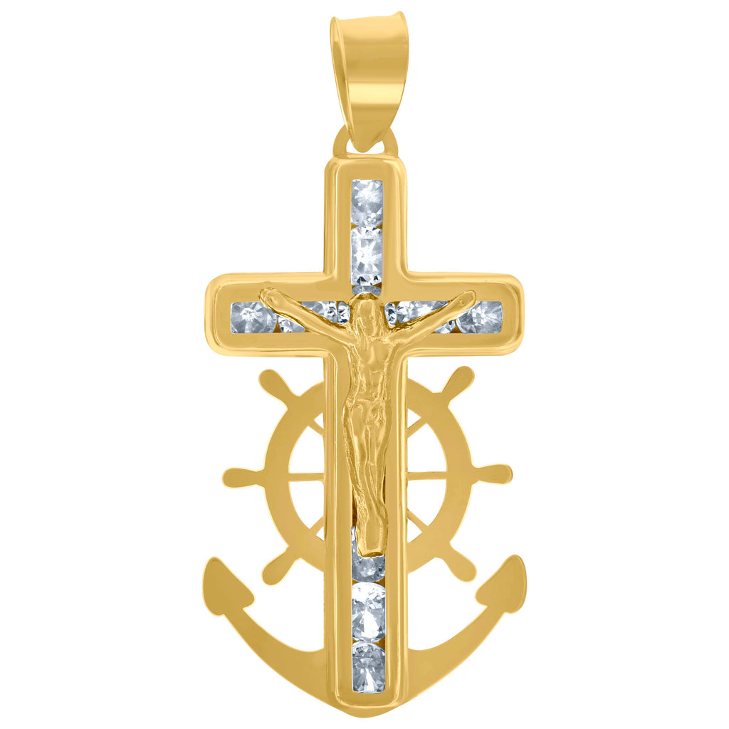 10K Yellow Gold Unisex Cubic-Zirconia Polished Finish Crucifix Anchor Religious Charm Pendant