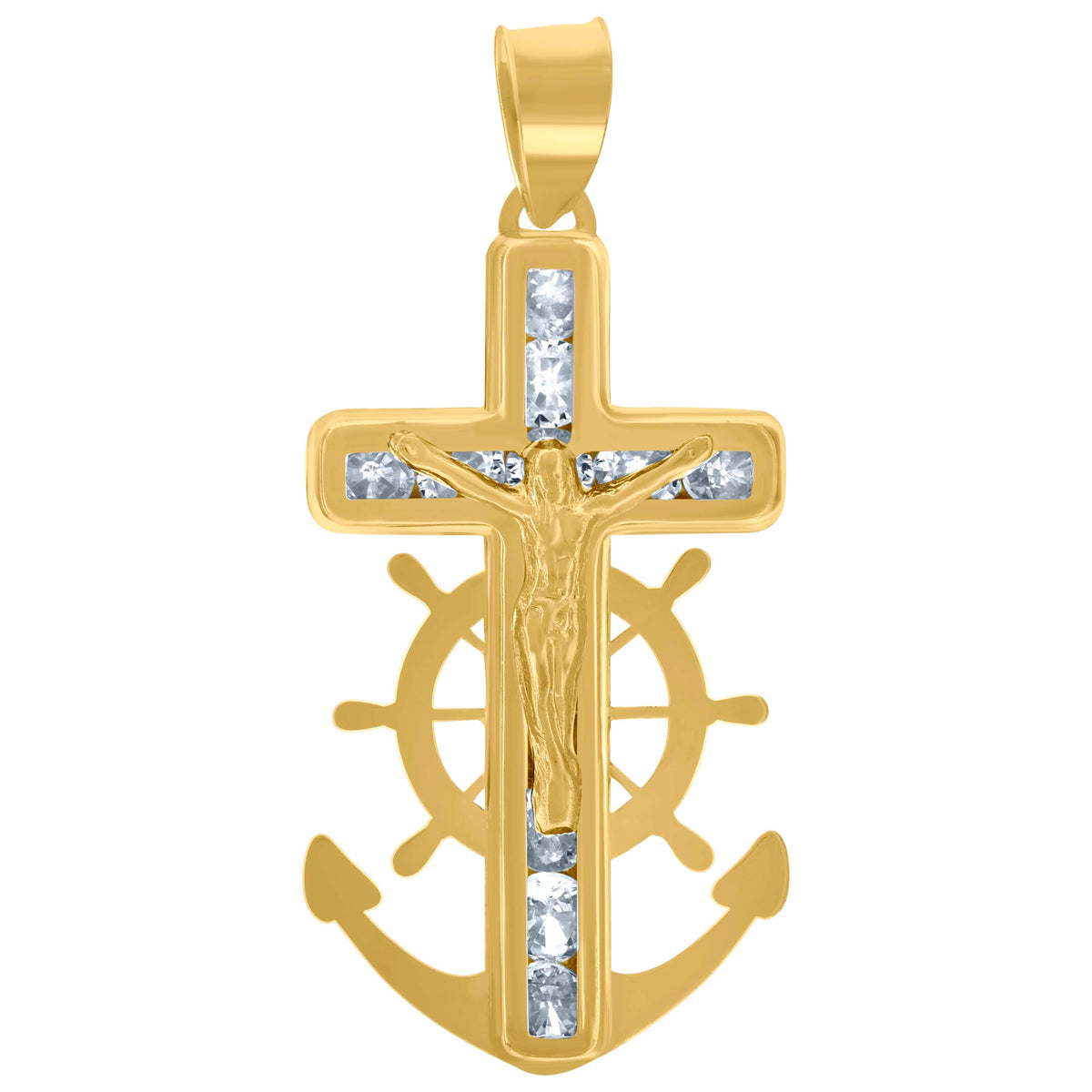 10K Yellow Gold Unisex Cubic-Zirconia Polished Finish Crucifix Anchor Religious Charm Pendant