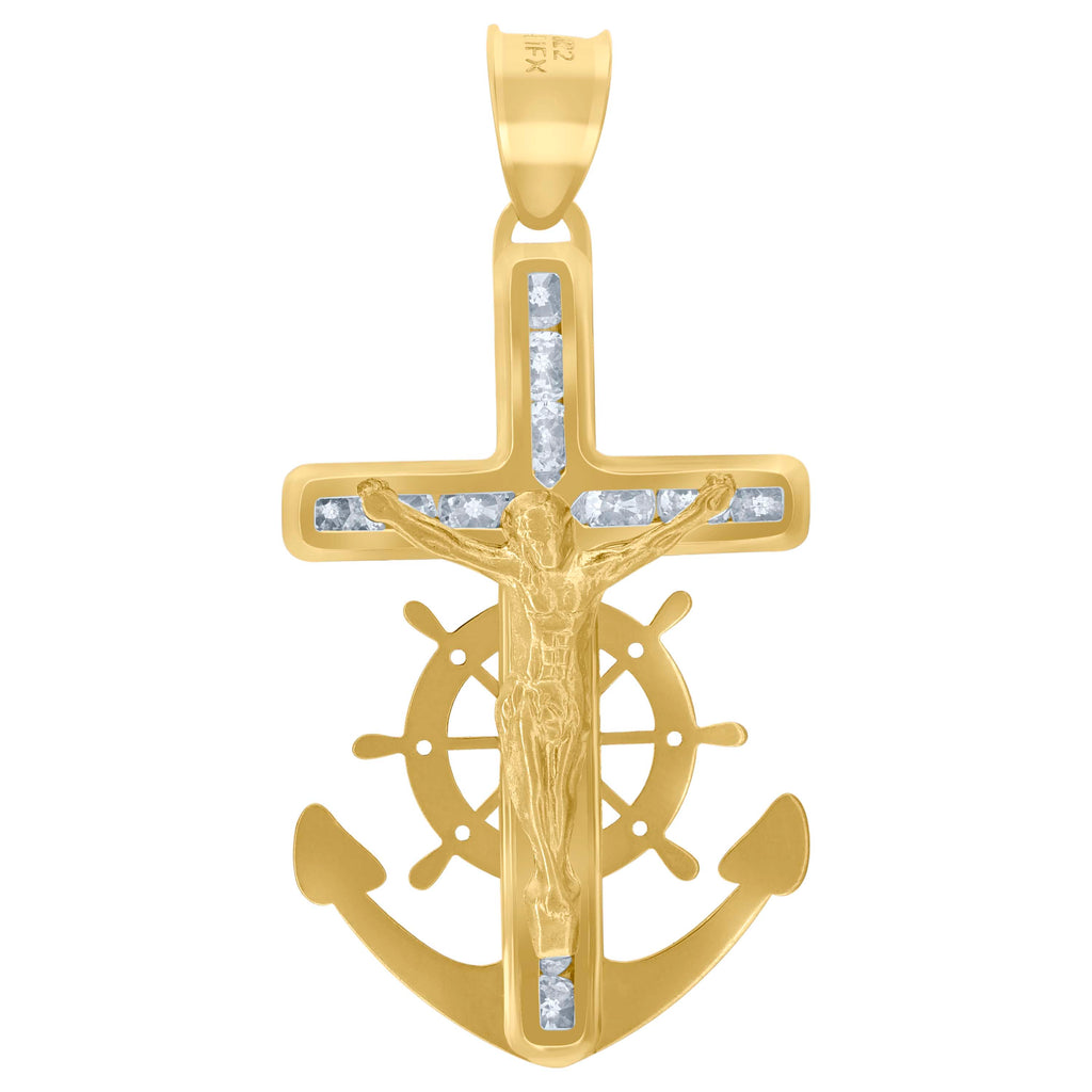10K Yellow Gold Unisex Cubic-Zirconia Textured Crucifix Anchor Religious Charm Pendant