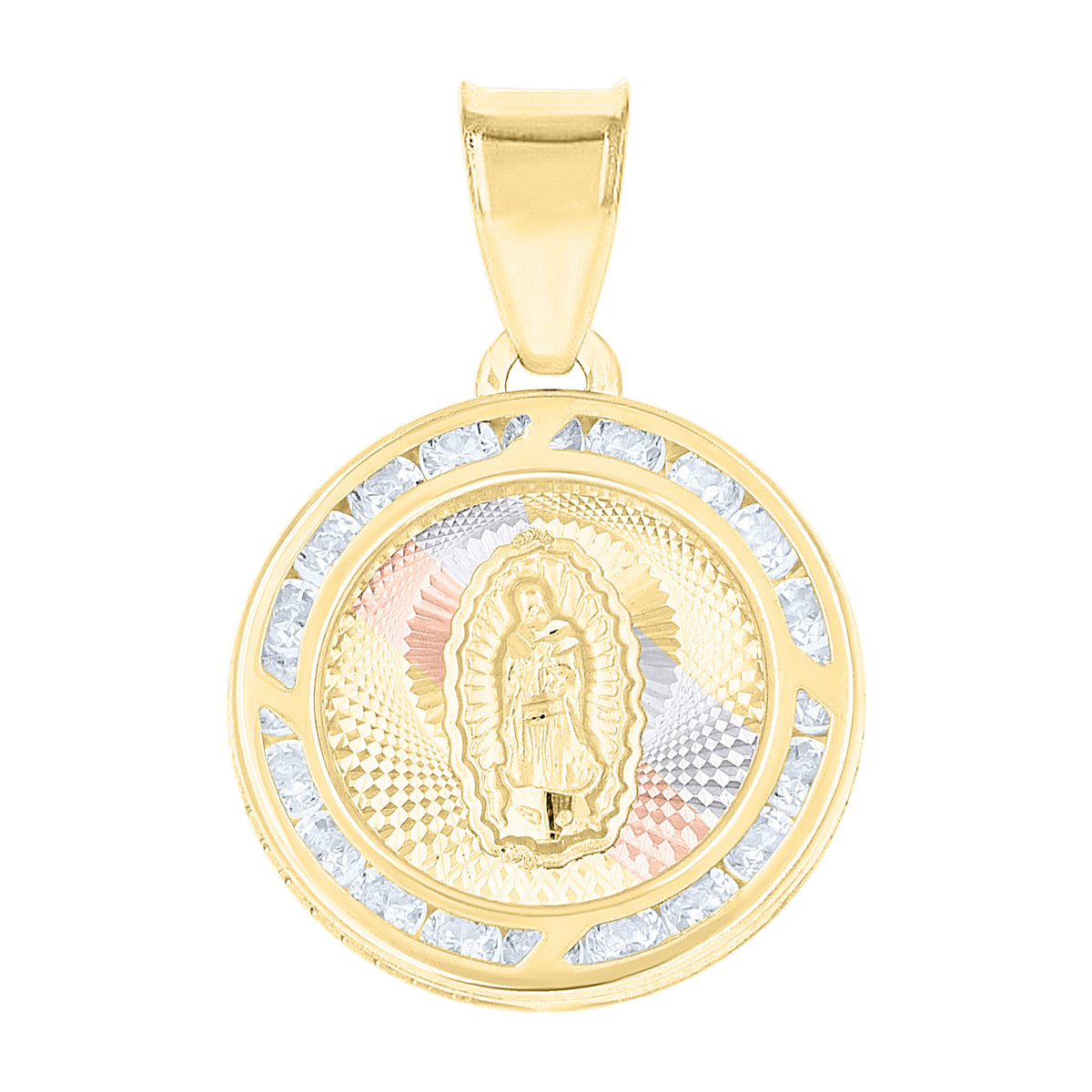 10K Tri-Color Gold Unisex Cubic-Zirconia Guadalupe Religious Charm Pendant