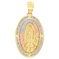 10K Tri-Color Gold Unisex Cubic-Zirconia Diamond-Cut Lady Of Guadalupe Religious Oval Charm Pendant