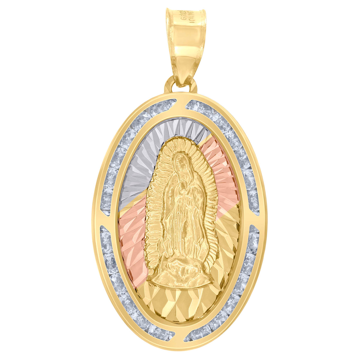 10K Tri-Color Gold Unisex Cubic-Zirconia Diamond-Cut Lady Of Guadalupe Religious Oval Charm Pendant