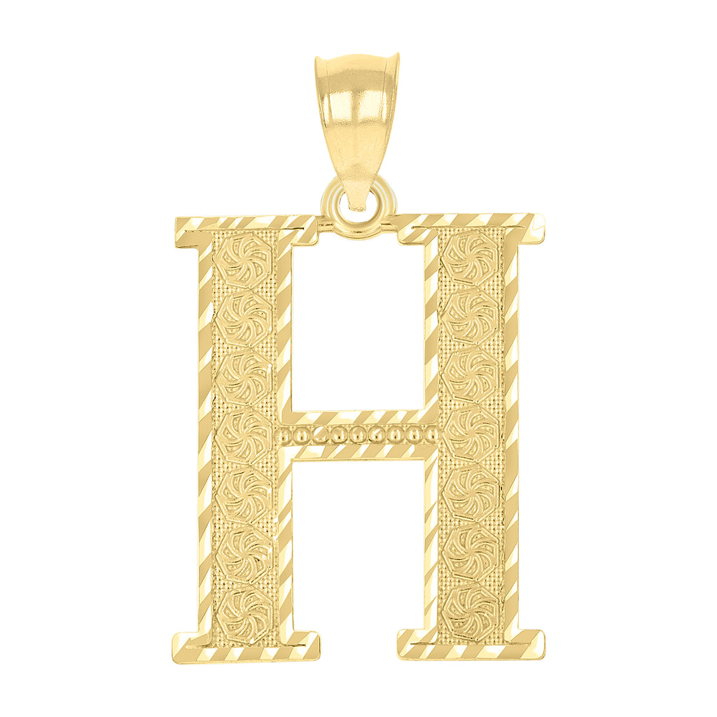 10K Yellow Gold Unisex Diamond-Cut Initial Letter H Charm Pendant