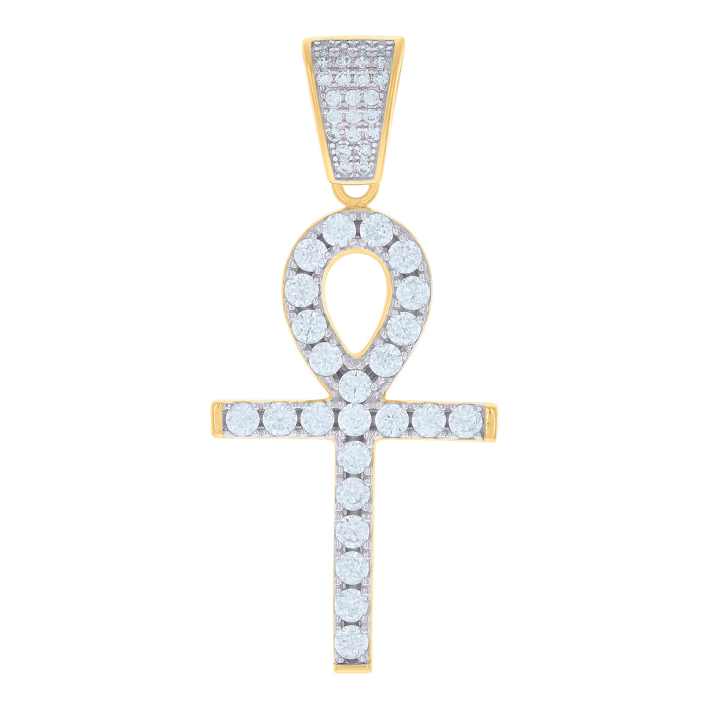 925 Sterling Silver Yellow-Tone Unisex Cubic-Zirconia Ankh Cross Religious Charm Pendant