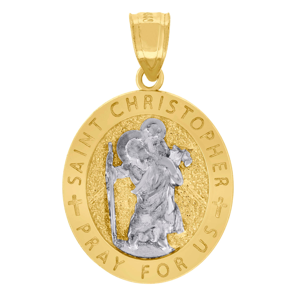 10K Two-Tone Gold Unisex Textured Saint Christopher Pray For Us Religious Charm Pendant