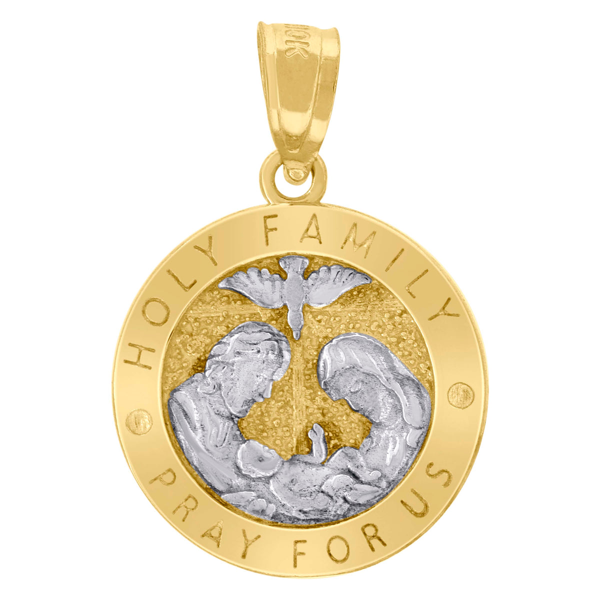 10K Two-Tone Gold Unisex Textured Holy Family Pray For Us Religious Charm Pendant