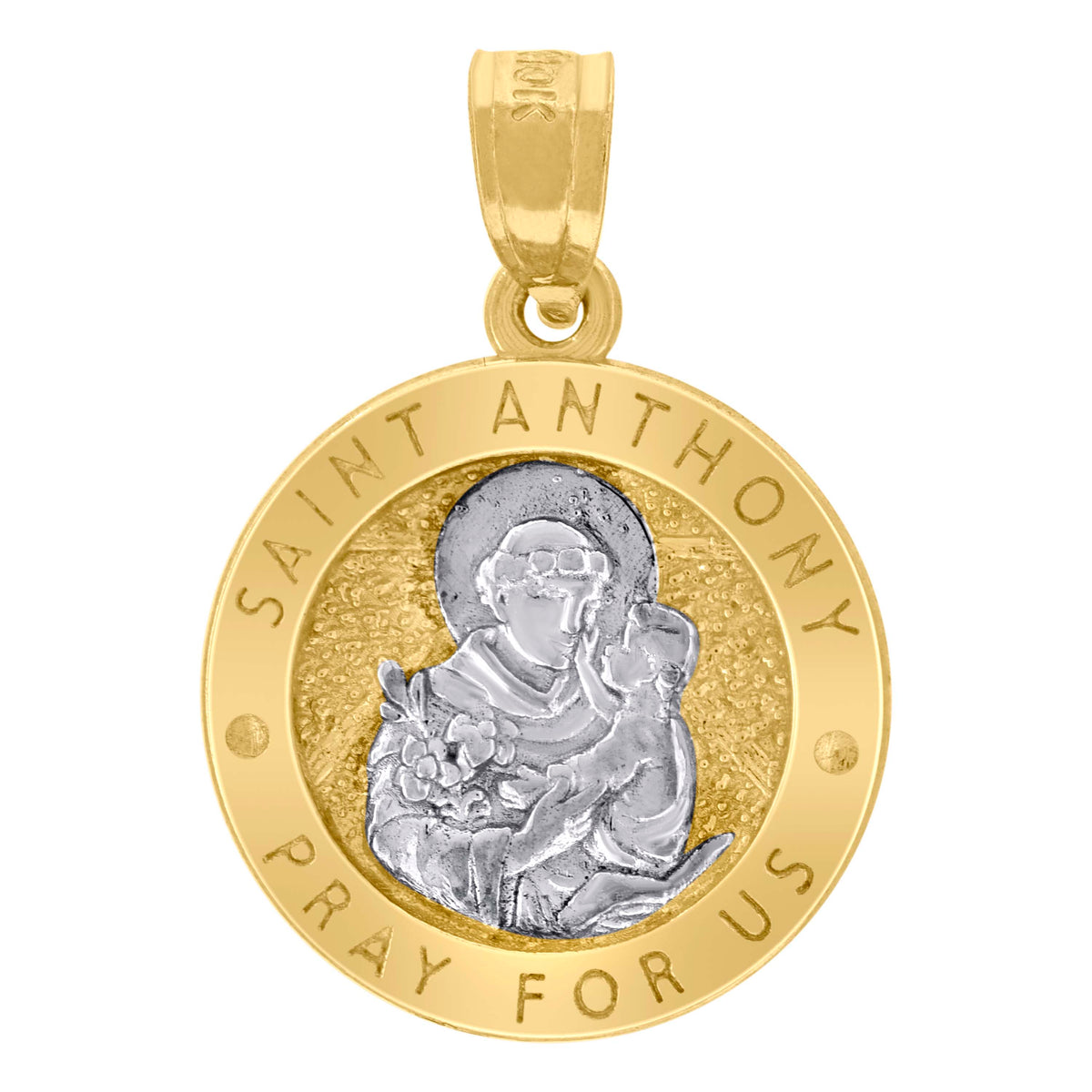 10K Two-Tone Gold Unisex Textured Saint Anthony Pray For Us Religious Charm Pendant