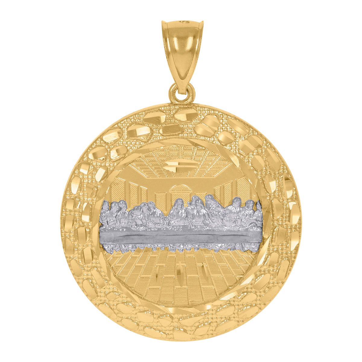 10K Two-Tone Gold Unisex Diamond-Cut Last Supper Religious Round Medal Pendant