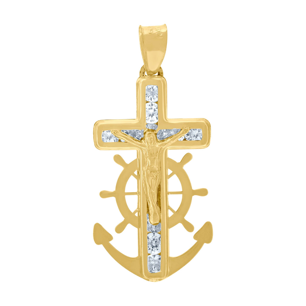 10K Yellow Gold Unisex Cubic Zirconia Cubic-Zirconia Anchor Crucifix Cross Religious Charm Pendant