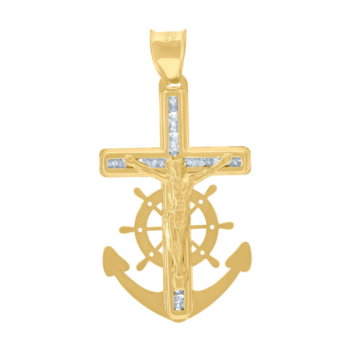10K Yellow Gold Unisex Cubic Zirconia Cubic-Zirconia Anchor Crucifix Cross Religious Charm Pendant