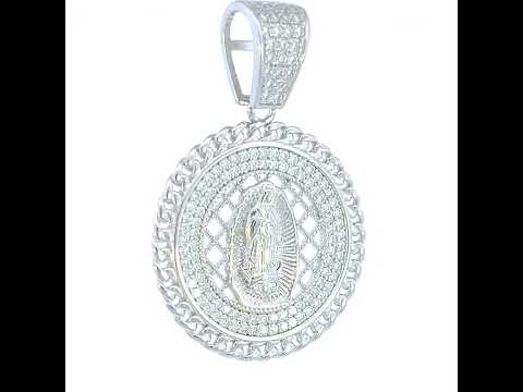 925 Sterling Silver Mens 0.84ct Moissanite Cuban Border Guadalupe/Mother Marry Religious Charm Pendant