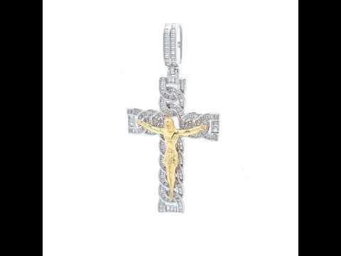 925 Sterling Silver Yellow-Tone Mens Baguette Moissanite Crucifix Cross Religious Pendant