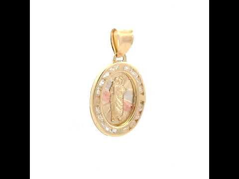 10K Tri-Color Gold Unisex Cubic Zirconia Cubic-Zirconia Saint Jude Religious Oval Charm Pendant