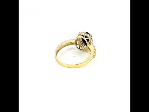 10K Yellow Gold Womens Black White Oval Round Cubic-Zirconia Engagement Ring