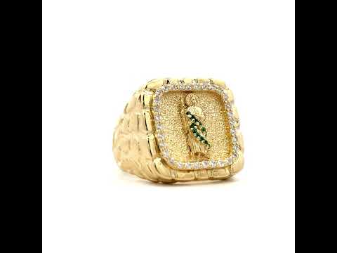 10K Yellow Gold Mens Green White Cubic-Zirconia St. Jude Religious Square Head Nugget Ring
