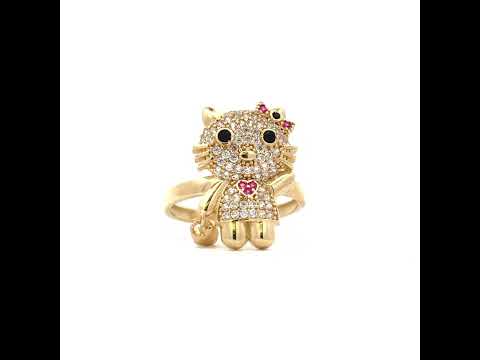10K Yellow Gold Womens Black/Pink White Cubic-Zirconia Kitty Fashion Ring