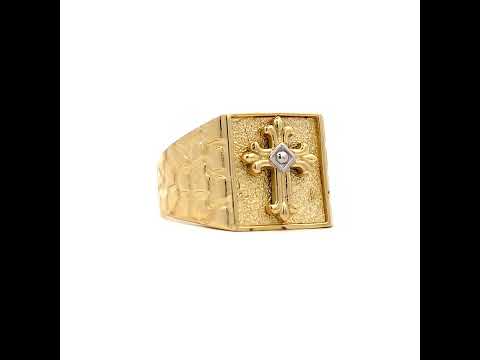 10K Two-tone Gold Mens Cross Religious Square Head Nugget Ring