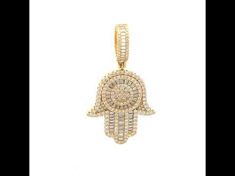 925 Sterling Silver Yellow-tone Mens Round Baguette 1.87ct, 1.98ct Moissanite Hamsa Symbol Religious Pendant
