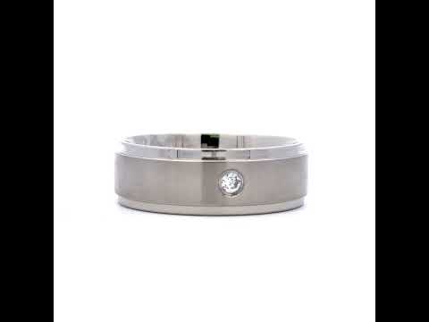 Stainless Steel Mens Cubic Zirconia Brushed Center With Step Edge Size-10 Comfort-Fit Band Ring